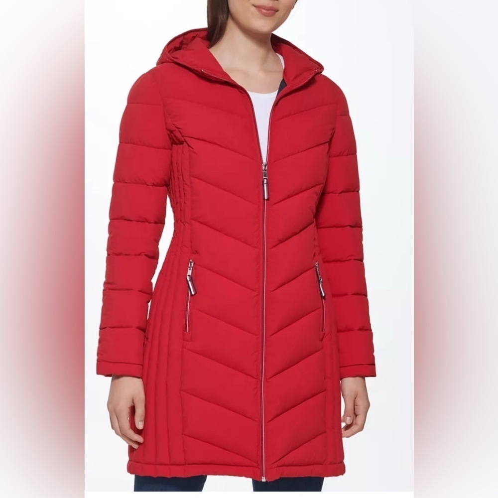 Tommy Hilfiger Women's Cherry Red Puffer Long Coat Sz Small